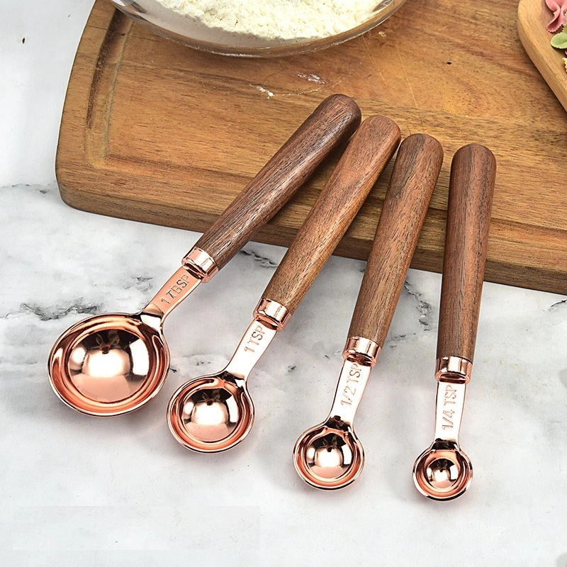 Stainless Steel Cup and Spoon with Wooden Handle Rose Gold Measuring Cups and Spoons Set Bl14413