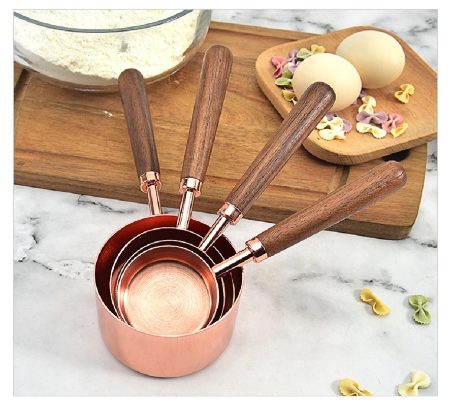 Stainless Steel Cup and Spoon with Wooden Handle Rose Gold Measuring Cups and Spoons Set Bl14413